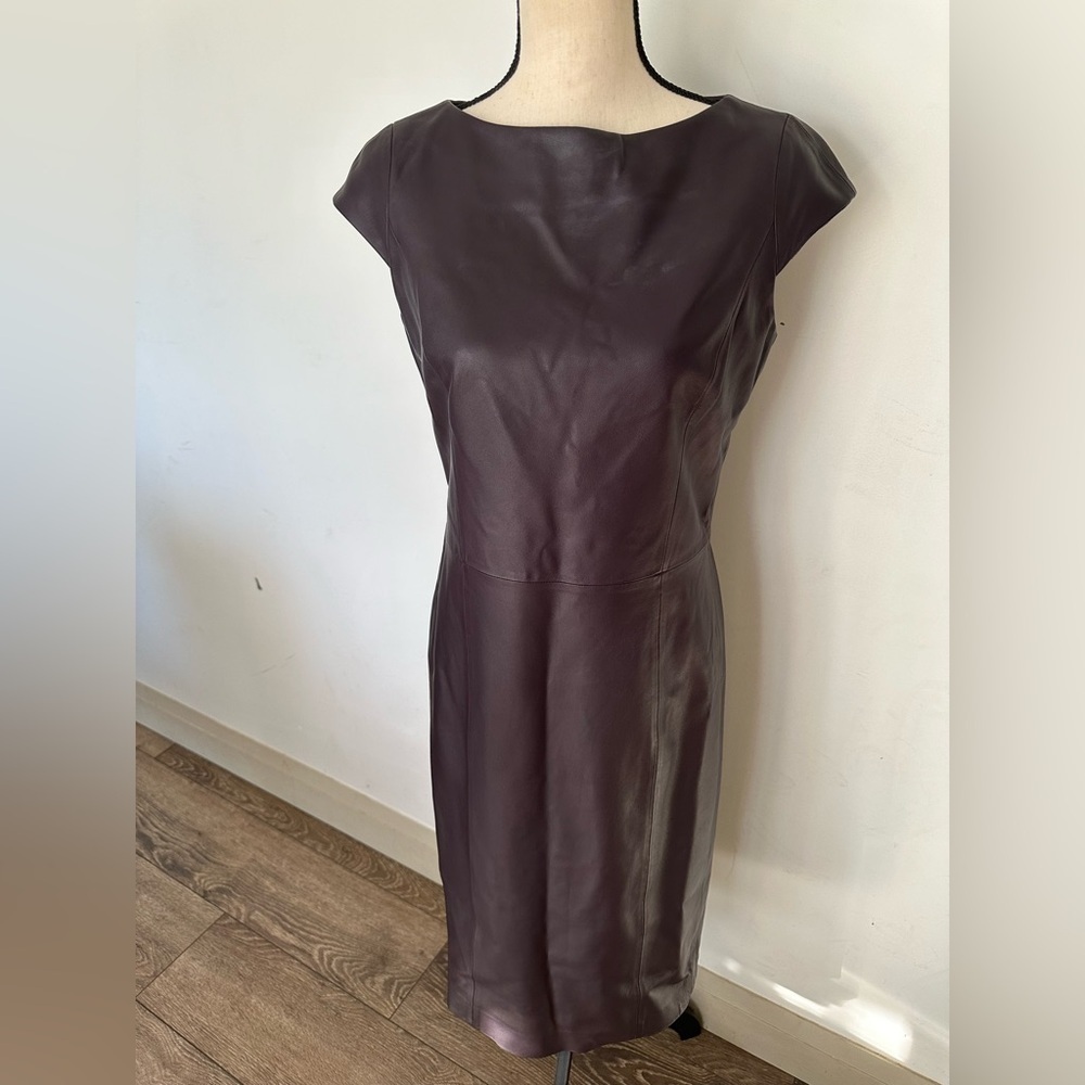 LEATHER Worth New York Women’s Genuine Cap Sleeve Sheath Dress Dark Purple SZ 6